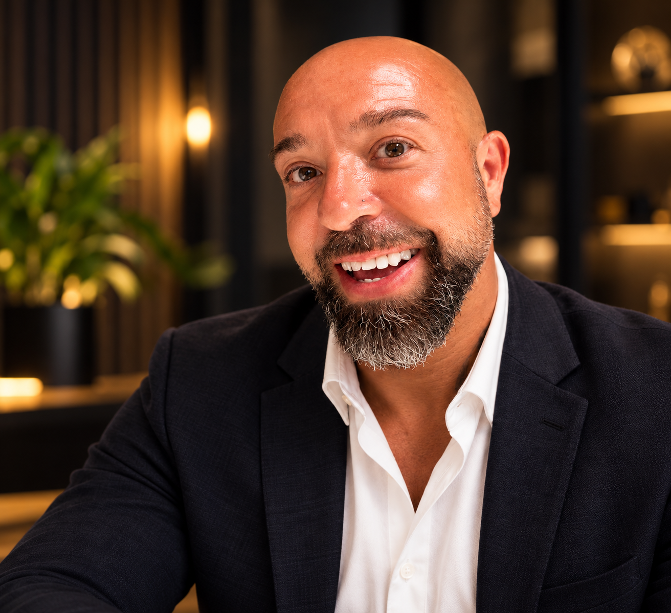 Marco L. Chimera smiler varmt i mørk blazer og hvid skjorte